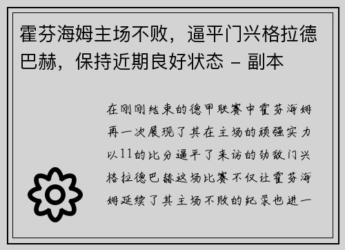 霍芬海姆主场不败，逼平门兴格拉德巴赫，保持近期良好状态 - 副本