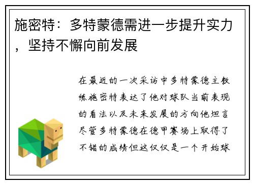 施密特：多特蒙德需进一步提升实力，坚持不懈向前发展