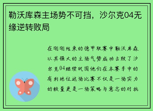 勒沃库森主场势不可挡，沙尔克04无缘逆转败局