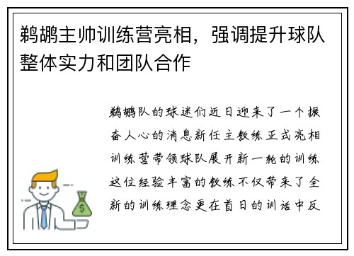 鹈鹕主帅训练营亮相，强调提升球队整体实力和团队合作