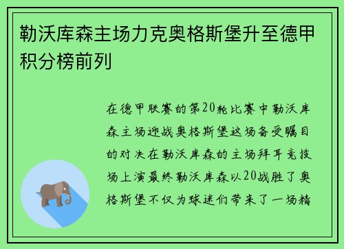 勒沃库森主场力克奥格斯堡升至德甲积分榜前列