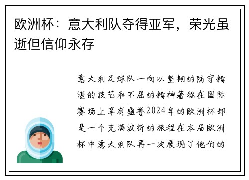 欧洲杯：意大利队夺得亚军，荣光虽逝但信仰永存