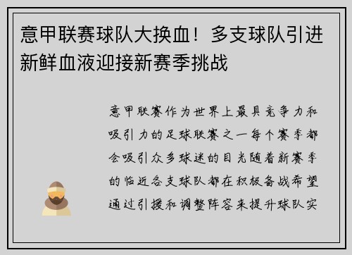 意甲联赛球队大换血！多支球队引进新鲜血液迎接新赛季挑战