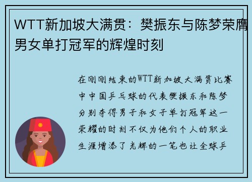 WTT新加坡大满贯：樊振东与陈梦荣膺男女单打冠军的辉煌时刻