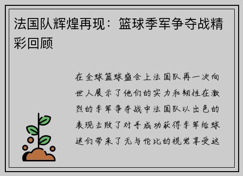 法国队辉煌再现：篮球季军争夺战精彩回顾