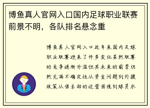 博鱼真人官网入口国内足球职业联赛前景不明，各队排名悬念重