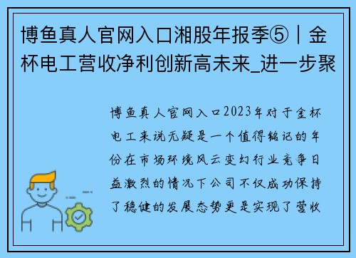 博鱼真人官网入口湘股年报季⑤｜金杯电工营收净利创新高未来_进一步聚焦线缆业务 - 副本