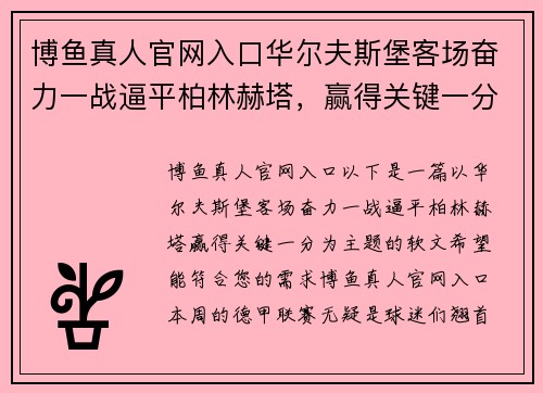 博鱼真人官网入口华尔夫斯堡客场奋力一战逼平柏林赫塔，赢得关键一分